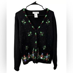 Christmas Victoria Jones petite Black  Holiday  Cardigan Sweater beads
